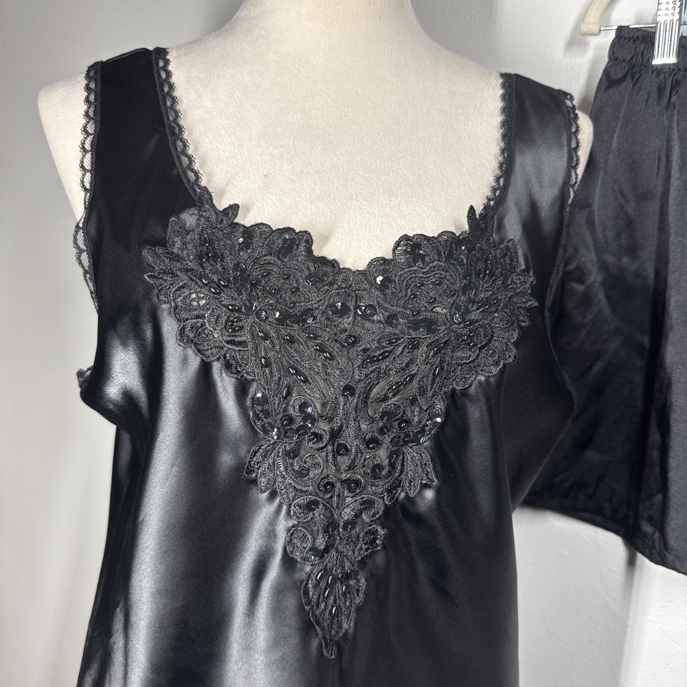 Vintage 90's Cinema Etoile Cami Set Black Women Large Tank and Short Jewel‎ Lace